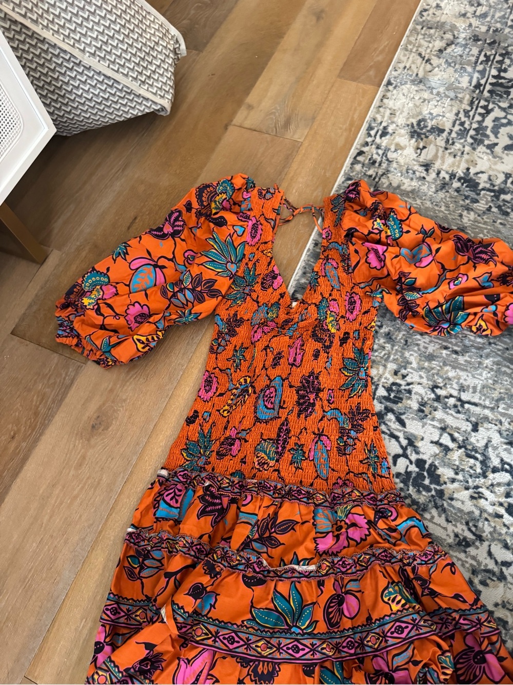 Love The Label Orange Floral Dress with Puff Sleeves